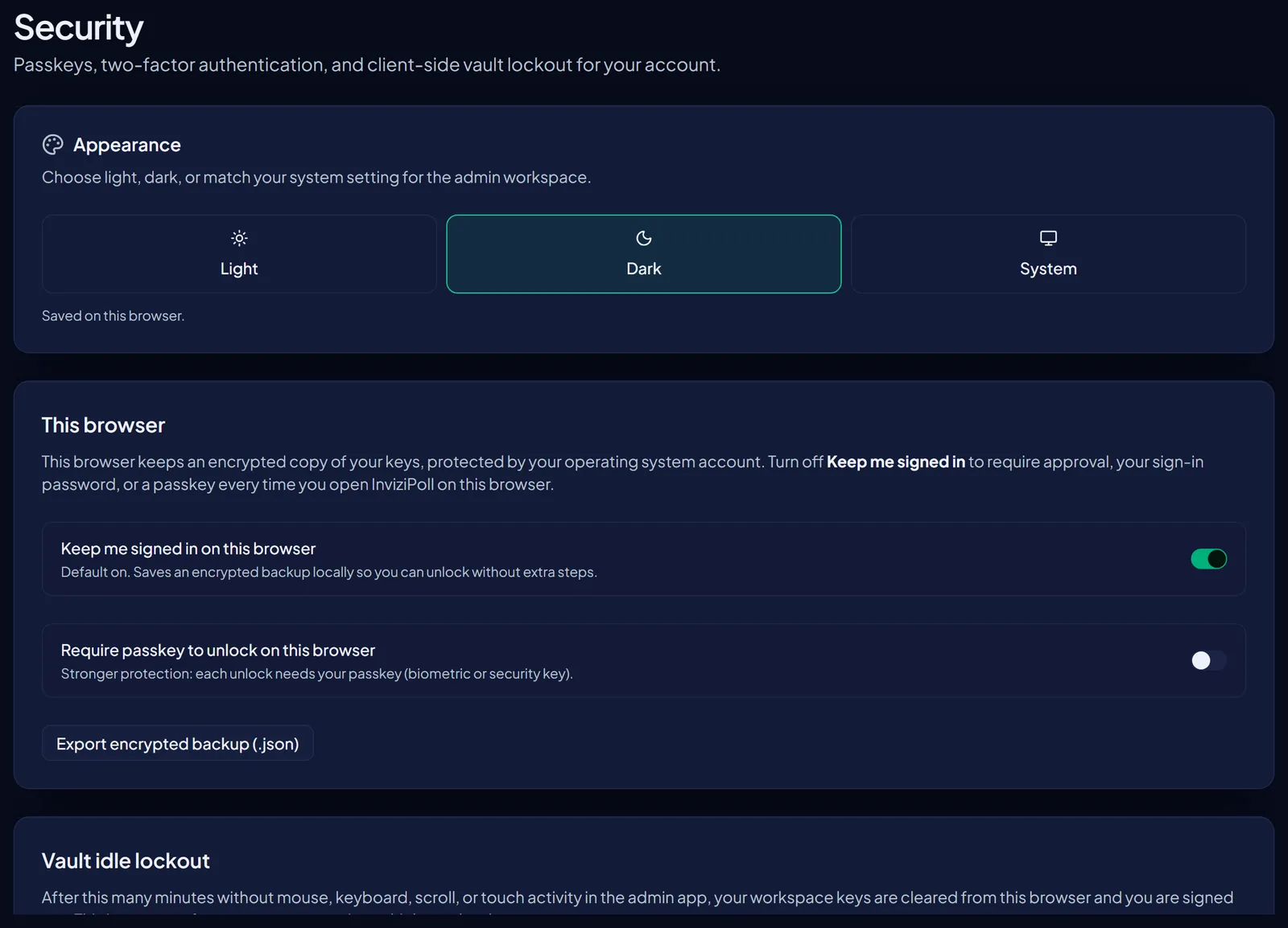 The account Security page, covering passkeys, two-factor authentication and client-side vault lockout. A This browser panel explains that the browser keeps an encrypted copy of the account keys protected by the operating system account, with a Keep me signed in on this browser toggle that is on by default, and a Require passkey to unlock on this browser toggle for stronger protection where every unlock needs a biometric or security key.