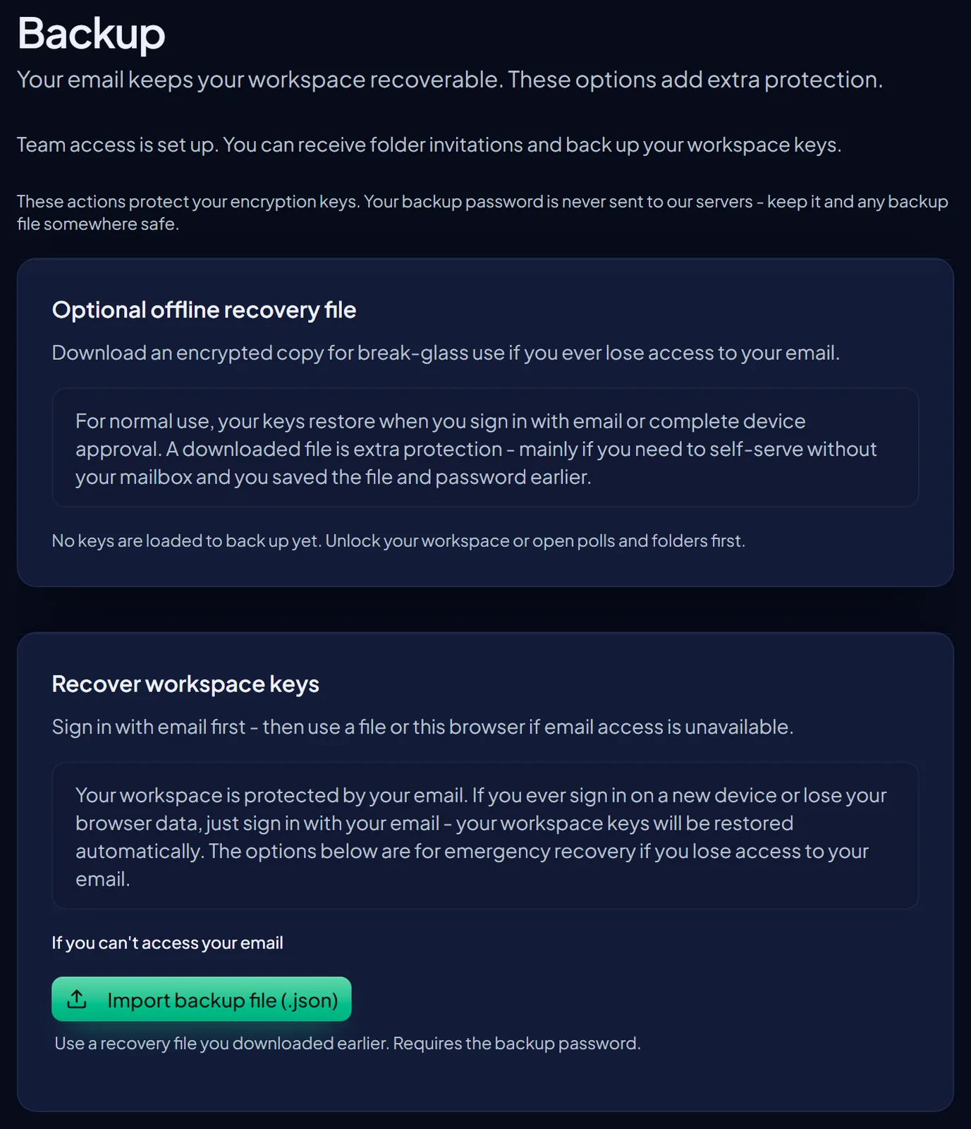 The account Backup page. Text explains that the account email keeps the workspace recoverable and these options add extra protection, and that the backup password is never sent to the server. An Optional offline recovery file section offers an encrypted download for break-glass use, noting that in normal use keys restore on sign-in or device approval, and that the file matters mainly if access to the mailbox is lost.