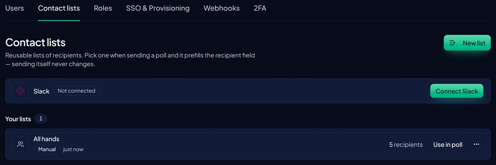 The Contact lists tab under Admin, Team. Explanatory text says lists are reusable sets of recipients that prefill the recipient field when sending a poll, and that sending itself is unchanged. A Slack row shows a Not connected status beside a Connect Slack button. One saved list named All hands is shown, sourced manually, with five recipients and a Use in poll action.