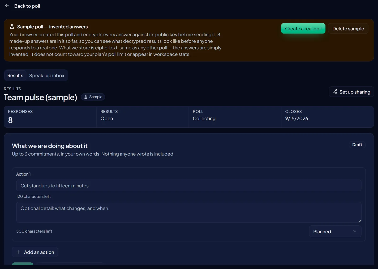 The results page for a poll called Team pulse. A banner explains this is a sample poll containing eight invented answers, decrypted in the browser. The header strip shows 8 responses, results Open, poll Collecting, and a closing date, with tabs for Results and the Speak-up inbox.